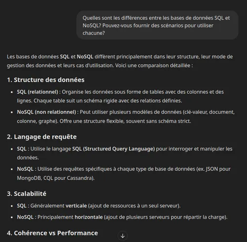 ChatGPT : différences entre SQL et NoSQL.